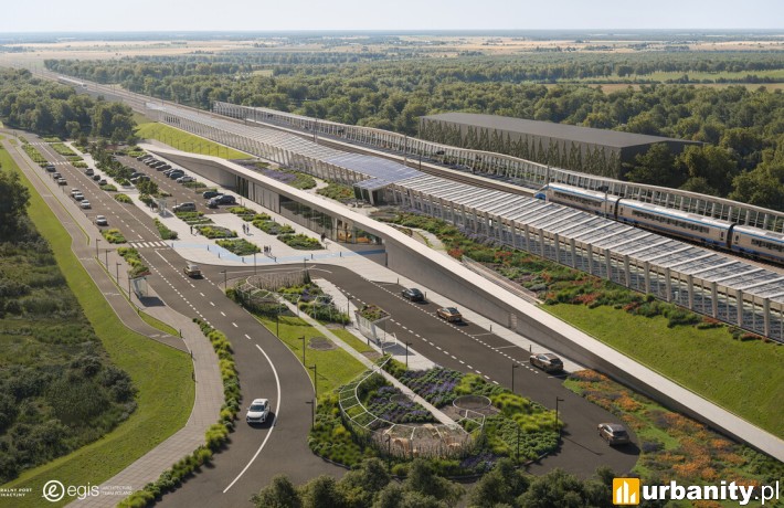 Wizualizacja stacji kolejowej w Brzezinach, wiz. Centralny port Komunikacyjny