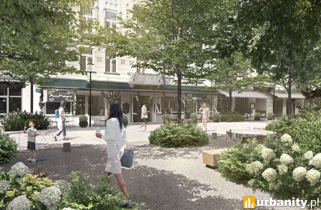 Wizualizacja zachodniej części Chmielnej. Widok ze skwery przy Chmielnej na zabytkową kamienicę, wiz. mat. prasowe