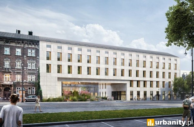 Koncepcja biurowca PZU w Krakowie z 2020 roku, wizualizacja, wiz. materiały inwestora