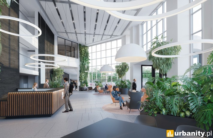 Projekt nowego lobby biurowca Alfa na Ochocie, wiz. materiały inwestora