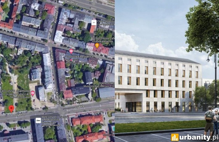 Lokalizacja przyszłej inwestycji i koncepcja biurowca PZU w Krakowie z 2020 roku, wizualizacja, wiz. materiały inwestora