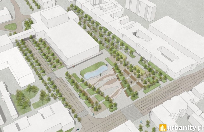 Jedna z koncepcji przebudowy placu Dąbrowskiego w Łodzi, wiz. mamArchitekci i A2P2