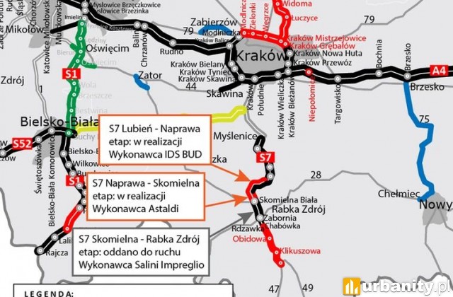 Mapa stanu budowy drogi S7 (zakopianka)