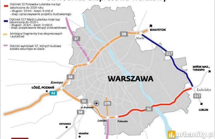 Przebieg południowej i wschodniej obwodnicy Warszawy