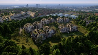 Osiedle na szczycie wzgórza z panoramą Głównego Miasta w Gdańsku