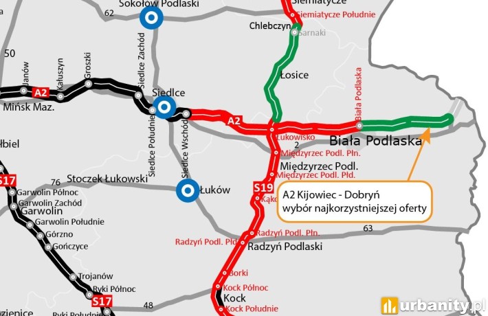 Mapa rejonu Lublina z zaznaczonym odcinkiem A2 Kijowiec-Dobryń, fot. GDDKiA