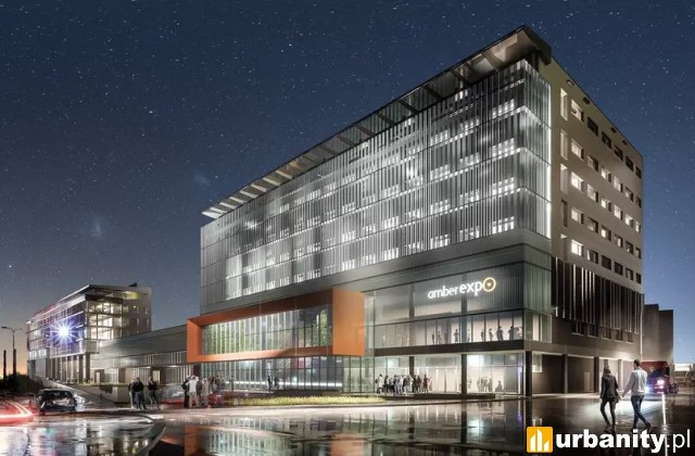 Hala i hotel z napisem amberexpo, wizualizacja, wiz. MTG