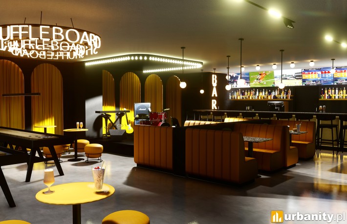 Projekt wnętrza Arcade Bee w Unity Centre, wiz. Archas Design