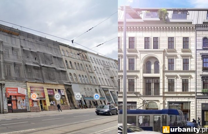 Kamienica przy Kołłątaja 23 przed i po remoncie, wiz. materiały dewelopera