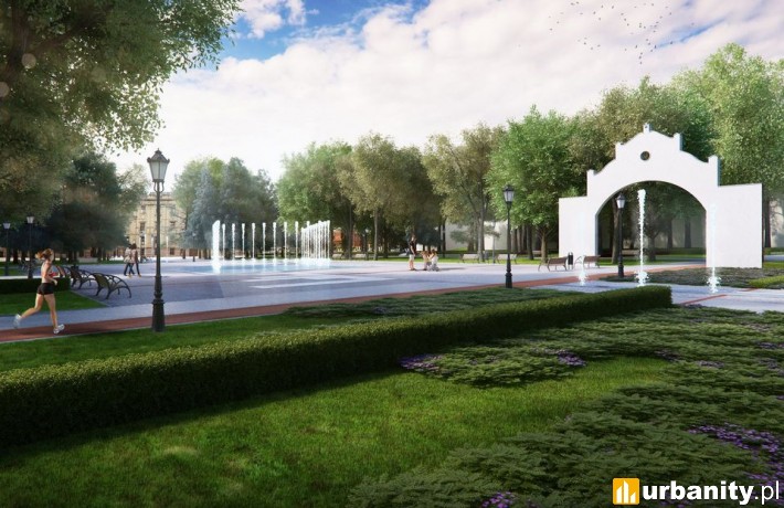 Park Staromiejski - wizualizacja - fontanna, widok w stronę ulicy Zachodniej
