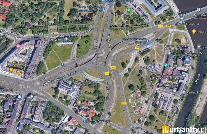 Widok satelitarny na Plac Społeczny we Wrocławiu, fot. google maps