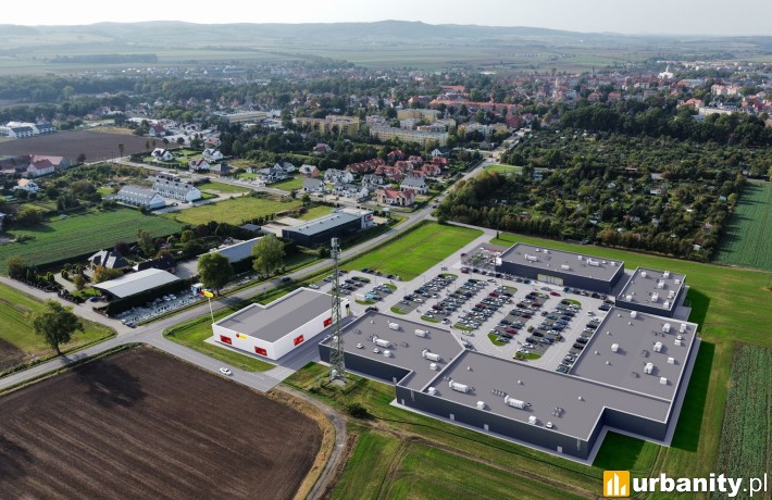 Smart Park Jawor, wizualizacja parku handlowego, wiz. materiały inwestora