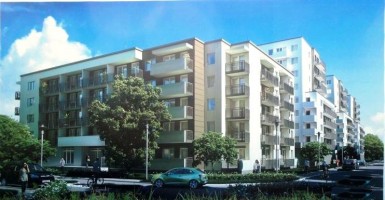 Wizualizacja budynków, która wisiała na płocie budowy od strony ul. Winorośli.